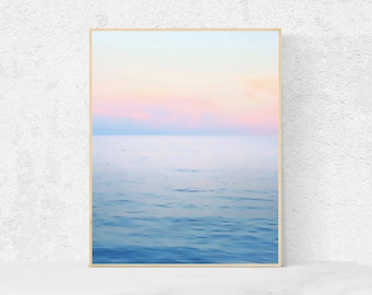 Seascape Photography, Printable Art, Wall Art, Ocean, Printable Wall Art, Pale Colors, Sea, Blue and Pink, Pink Clouds, Calm Water, Sunset