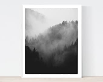 Landscape print, Forest wall art, black and white printable art of a forest with morning haze, modern printable wall art, scandinavian art