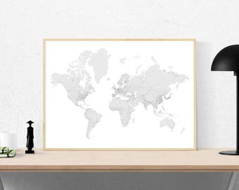 World map print, World wall map, World print, World map poster, World map, Black and White print, the earth, large poster, planet print