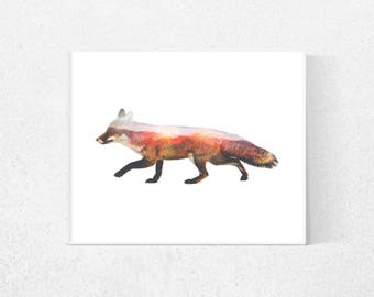 Fox print, Double exposure art print of a fox in a forest, digital art print, direct download, contemporary, nature, printable art, red fox