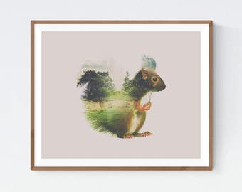 Squirrel wall art, wall art, animal print, double exposure print, digital art print, nursery print, modern print, animal print, baby shower