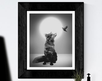 Scandinavian wall art, black and white wall art of a fox and a bird, instant download for wall decoration, modern print, wall art