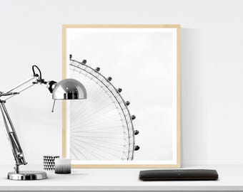 Big wheel, London Eye print, London Eye poster, printable art, black and white photography, minimalist art, digital download, London poster