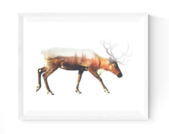 Deer print, Double exposure art print of a reindeer, digital art print, direct download, contemporary, printable art, forest, mountain