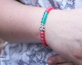 Elephant bracelet with dull green beads and pink beads, beads bracelet, charm bracelet, boho bracelet, handmade bracelet