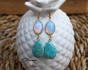 Stainless steel drop bead - cabochon earring, earrings set, drop bead earring, gold earrings set