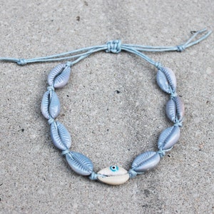 Jeans blue anklet with lavender/grey shell and eye shell, cowry shells anklet, boho style