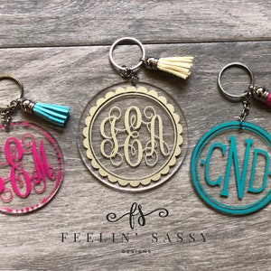 Personalized Monogram Keychain with Tassel, 2.5&quot; or 3&quot; Acrylic Round Keychain, Gift