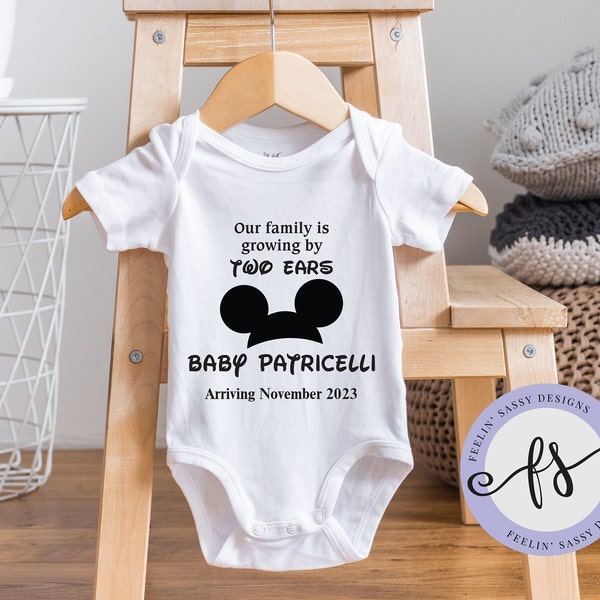 Custom Mouse Ear Pregnancy Announcement Onesie®, Personalized Baby Announcement Bodysuit, Surprise, New Baby Gift