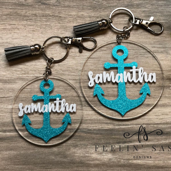 Personalized Anchor Keychain with Tassel, 2.5" or 3" Acrylic Round Keychain, Nautical Gift, Cruise