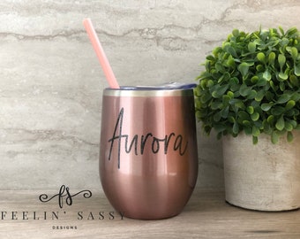 Personalized Wine Tumbler with Lid and Straw, Custom Travel Wine, 12oz Stainless Steel, Bridesmaid Gift, Friend Gift