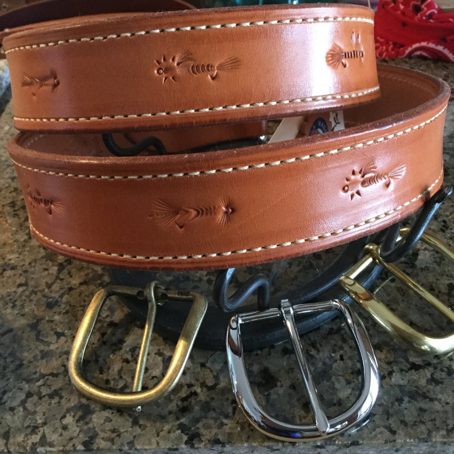 Fly fishing pattern leather belt Etsy