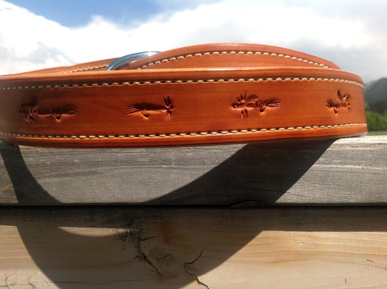 Fly fishing pattern leather belt Etsy