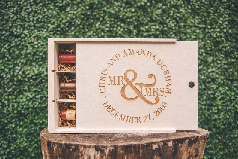 Mr. & Mrs. Three Compartment Anniversary Wine Box image 2