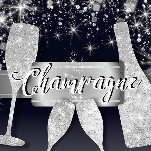 Sparkling Champagne Clipart, New Year's Celebration Clipart, Silver Champagne Overlays, New Year's Overlays, Glitter Champagne Graphics