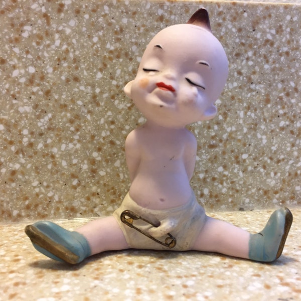 1950s Vintage Kewpie Doll Figurine - Bisque - Porcelain - Occupied Japan - Original Paint - Original Safety Pin - Ice Skater - Diaper Baby