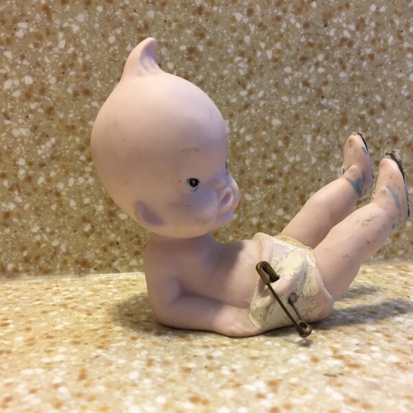 1950s Vintage Kewpie Doll Figurine - Bisque - Porcelain - Occupied Japan - Original Paint - Original Safety Pin - Ice Skater - Diaper Baby