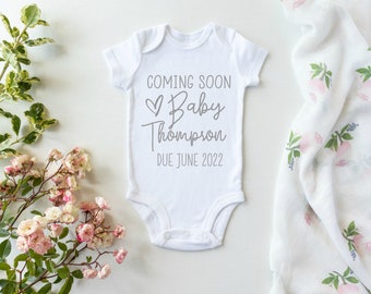 Personalised Pregnancy Baby Announcement Coming Soon Surname and Due Date Baby Grow Vest