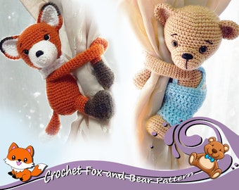 Fox and Bear Curtain Tie back  Pattern - Crochet Fox Crochet Bear