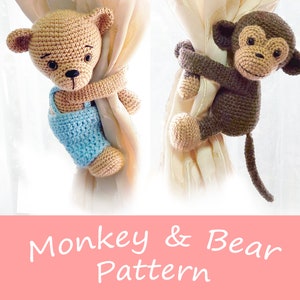 May include: A crochet monkey and bear pattern for making curtain tiebacks. The monkey is brown with a beige face and tail. The bear is beige with a blue overall. The pattern is titled "Monkey & Bear Pattern".