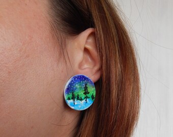 Aurora Borealis Earrings, Hand Painted Earrings, Fimo Clay Earrings, Fimo Jewelry, Nature Inspired Jewelery, Northern Light Jewelry