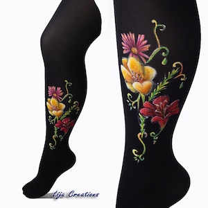 Flower Leggings, Colorful Leggings, Colorful Tghts, Flower Tights, Lily Flower, Wild Flower Leggings, Painted Leggings, Women's Tights image 1