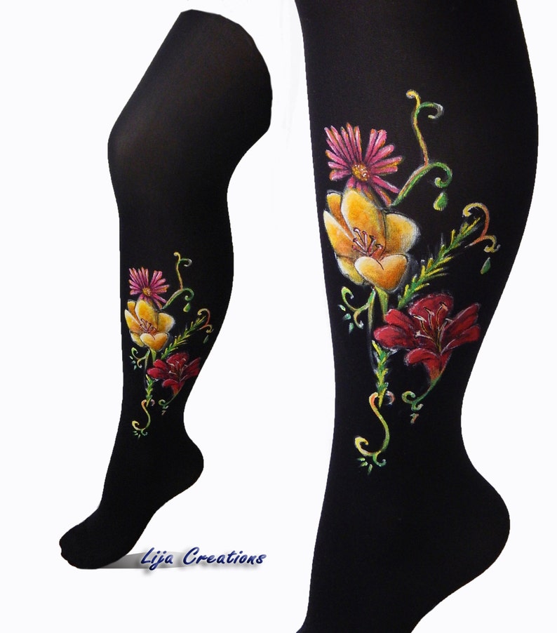 Flower Leggings, Colorful Leggings, Colorful Tghts, Flower Tights, Lily Flower, Wild Flower Leggings, Painted Leggings, Women's Tights image 1