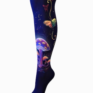 Collant colorati dipinti a mano, leggings colorati a forma di funghi, farfalle e libellule colorate, collant dipinti