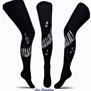 Music Leggings, Hand painted tights, Piano Leggings, Notes, Treble Clef, Black and White image 1