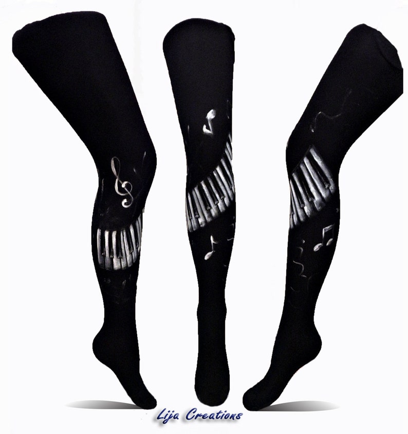 Music Leggings, Hand painted tights, Piano Leggings, Notes, Treble Clef, Black and White image 1