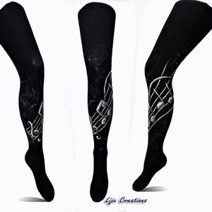 Music Leggings, Hand painted tights, Piano Leggings, Notes, Treble Clef, Black and White image 2
