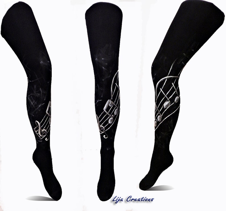 Music Leggings, Hand painted tights, Piano Leggings, Notes, Treble Clef, Black and White image 2