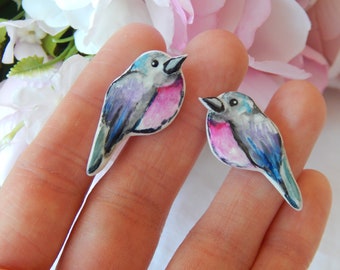 Birds Earrings, Nature earrings, Stainless Steel Earrings, Fimo Earrings, Stud Earrings, Hand Painted Birds Jewelery