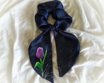 Tulip Satin Scrunchie, Satin Hair Tie, Satin Headband, Scrunchie Headband, Painted Headband, Hand Painted Scrunchie