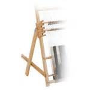 May include: Wooden easel with a natural finish. The easel has a triangular base and a vertical support with a crossbar at the top.