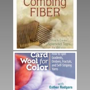 May include: Two books about fiber arts. The first book is titled "Combing Fiber" and shows a close-up of a comb. The second book is titled "Card Wool for Color" and shows a colorful blend of wool fibers.