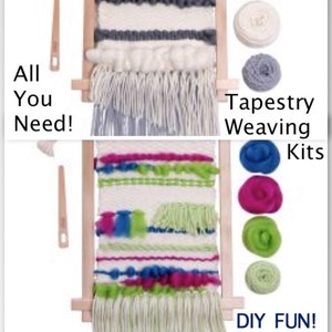 May include: Two tapestry weaving kits with wooden frames, yarn, and a weaving needle. The top kit has gray and white yarn, while the bottom kit has green, pink, and blue yarn. The text "All You Need!" is on the left side of the image, and the text "Tapestry Weaving Kits" is on the right side of the image. The text "DIY FUN!" is at the bottom of the image.