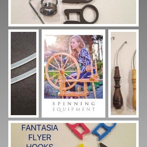 May include: Spinning wheel with a wooden frame and a white wheel. A woman is sitting in front of the wheel, spinning yarn. The image also shows a set of spinning tools, including a flyer hook, a spindle, and a whorl. The text "Spinning Equipment" is visible below the image.