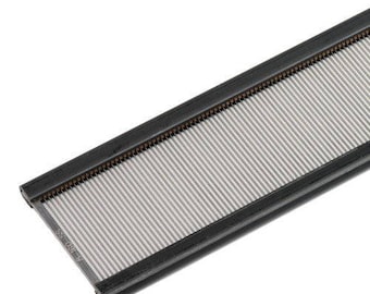 May include: A black knitting loom with a metal needle grid. The loom is made of plastic and has a black finish.