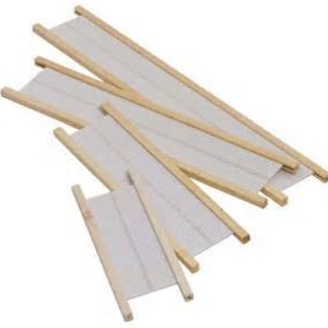 May include: Set of four wooden weaving looms with white warp threads. The looms are different sizes, with the smallest loom being about 6 inches long and the largest loom being about 12 inches long.