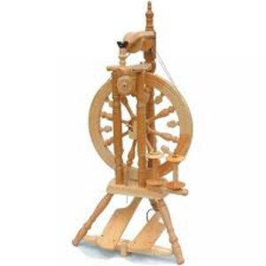 May include: A wooden spinning wheel with a large wheel, a smaller wheel, and a spindle. The wheel is made of light wood and has a natural finish. The spinning wheel is a traditional tool used for making yarn.