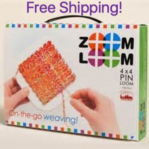 May include: A white box with a colorful logo that says "Zoom Loom" and "4x4 Pin Loom". The box shows a person using the loom to weave a colorful project. The text "On-the-go weaving!" is printed on the box.
