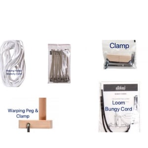 May include: A set of loom weaving supplies including a wooden warping peg and clamp, a white stretchy cord, a package of metal loom heddles, a black bungee cord, and a clamp.