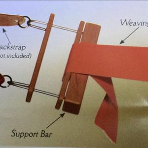 May include: A wooden weaving loom with a red woven fabric in progress. The loom has a support bar and is connected to a backstrap (not included). The word "Weaving" is labeled on the image.