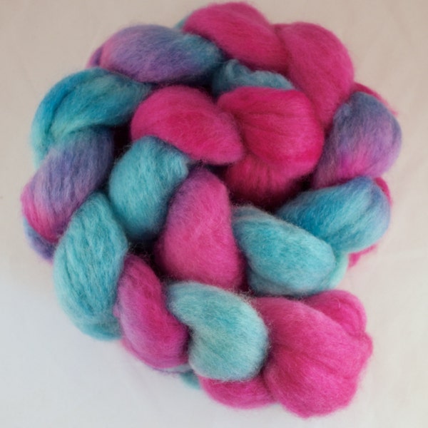 Hand Dyed Spinning fiber top, hand dyed wool, wool roving, Blue Faced Leicester, pink, blue, 100g