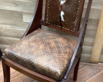 Vintage Empire Side Chair, Cowhide, Hand-Tooled Leather, Brass Lion's Paw Feet