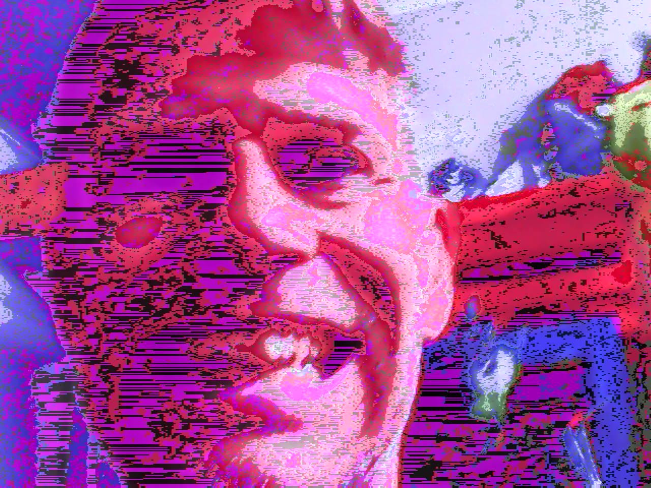 Intense close-up face glitch portrait in purple and red