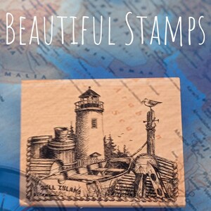 Vintage Stamp, Lighthouse Boat Scene Wood Mounted Rubber Stamp, GULL ISLAND LIGHTHOUSE, preowned, looks like a new one