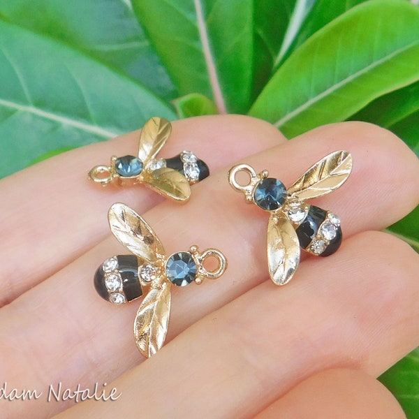 Bee Charms 17x15mm  (5pc), Gold Tone Bee Charms, Black Gold Bee, Small Insect Pendant, Rhinestone Bee Bracelet Charms