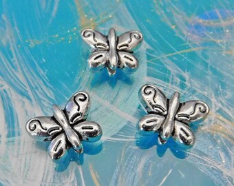 Tibetan Silver Butterfly Beads: Antique Silver Tone Spacers (10x8mm)